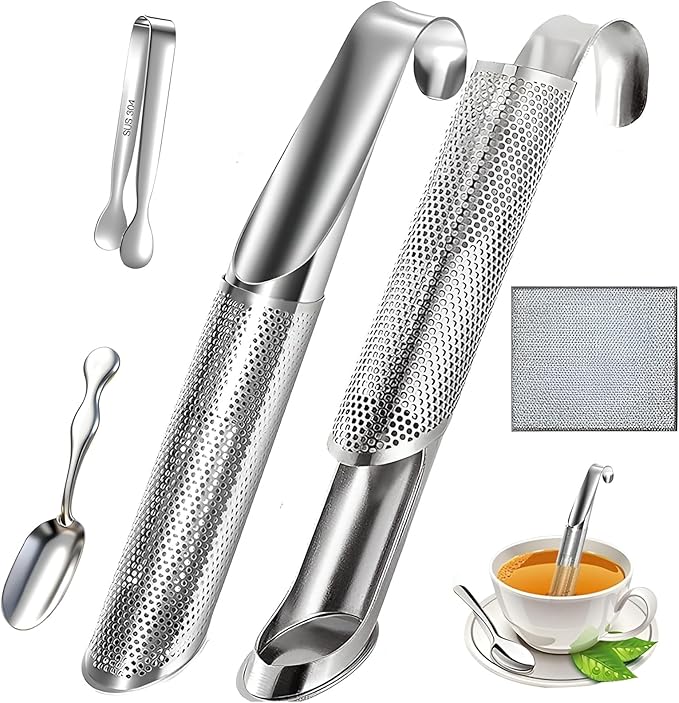 2 Pcs Tea Infuser with Hook Handle, Tea Diffusers for Loose Tea, Tea Steeper Stainless Steel Tea Strainers & Filters with Teaspoon Tea-tweezers Steel Wire Cloth