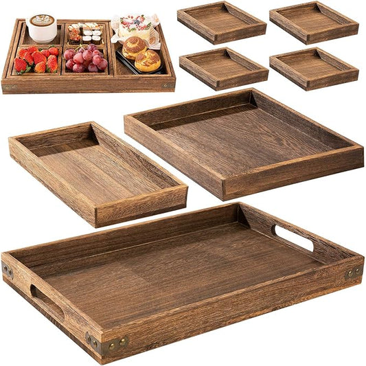 Yangbaga Rustic Wooden Serving Trays with Handle - Set of 7 Rectangular Platters for Entertaining, Breakfast, Coffee Table, Home Decor