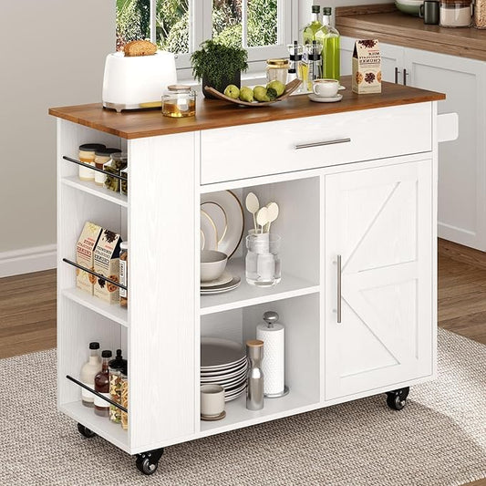 4 EVER WINNER Kitchen Island on Wheels with Storage, Kitchen Island Cart with Storage Cabinet, Spice Rack & Towel Rack & Drawer, Island Table for Kitchen with Open Shelves, White