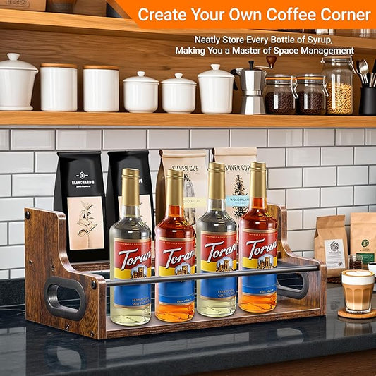 YQBRAO 2-Tier Liquor Bottle Display Shelf, Coffee Syrup Rack Organizer, Water Bottle Organizer, Mini Bar Cabinet, Rustic Bar Shelves for Liquor Whiskey, Spirits