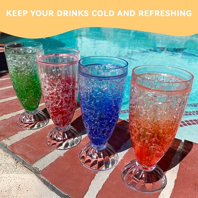 Lily's Home Frosted Freezer Milkshake Glasses, 12 oz Set of 4 – Double Wall Insulated Acrylic with Liquid Gel for Root Beer Floats, Smoothies & Ice Cream Sodas, Home Bar, Kitchen, Party & Dessert Shop