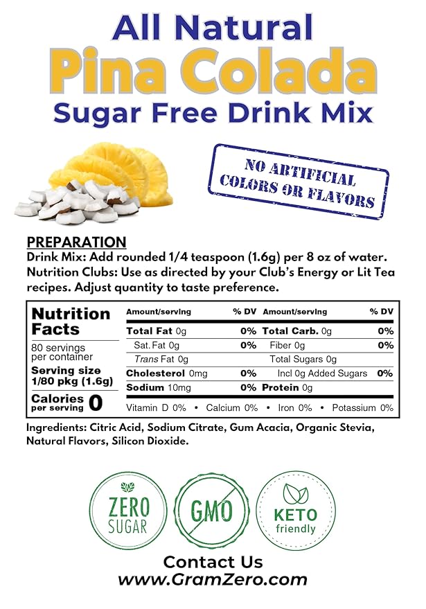 GramZero All Natural Pina Colada Zero Calorie Sugar Free Drink Mix, Great For Nutrition Club Loaded Tea, Stevia Sweetened