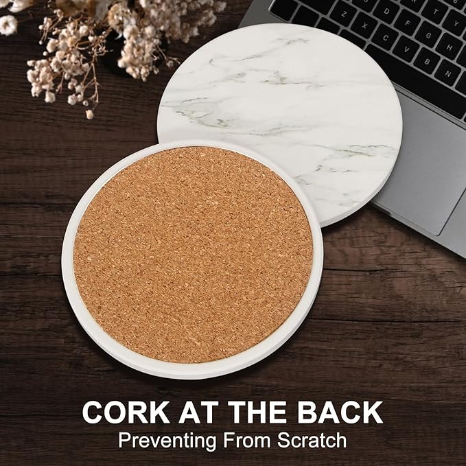 White Marble Coasters Set of 6 - Round Ceramic Absorbent Coasters with Holder for Lounge, Bar, Coffee, Cup, Table, Desk