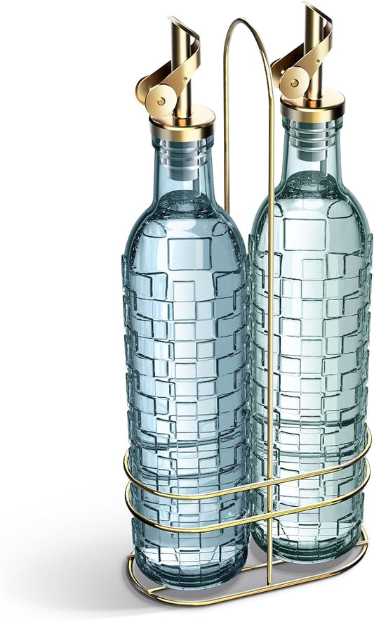 COOK WITH COLOR Glass Olive Oil Bottle Dispenser - 2 Pack- 17oz Oil and Vinegar Cruet - Olive Oil Carafe Decanter for Kitchen, Checkered, Blue