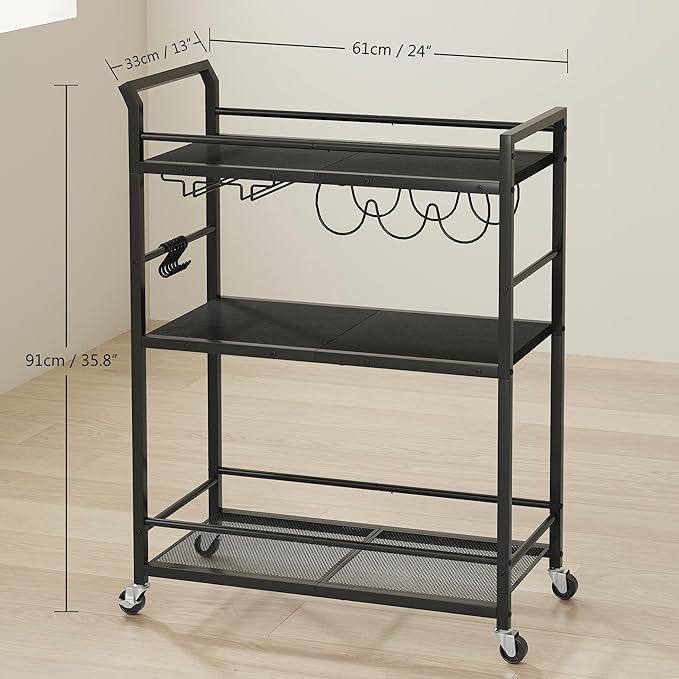 Black Bar Cart Home, Rolling Small Bar Cart, 3 Tier Liquor Cart, Wine Cart with Wine Rack, Drink Cart with Wheels, Metal Beverage Cart for Kitchen Dining Living Room Black GBC507B