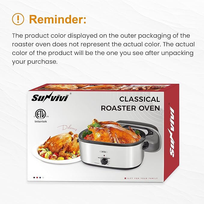 Sunvivi Electric Roaster, 26 Quart Electric Roaster Oven with Glass Lid, Turkey Roaster Oven Buffet with Self-Basting Lid, Removable Pan, Cool-Touch Handles, Blue