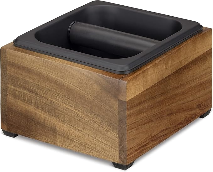 Navaris Coffee Knock Box - Stainless Steel and Wood Bin for Espresso Machine Coffee Grounds - With Silicone Bar for Knocking Filter Grinds - Black