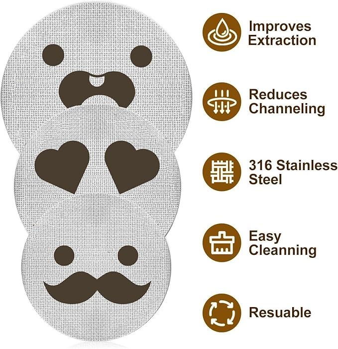 58.5mm Espresso Puck Screen 3-Pack, Lower Shower Screen, Metal Coffee Reusable Filter for 58mm Espresso Portafilter Basket, 1.7 Thickness - 316 Stainless Steel(Cute Face)
