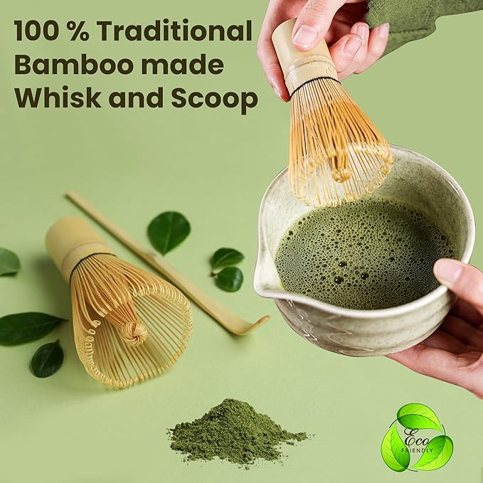 Matcha Whisk Set, 5 Pcs Matcha Kit, Premium Ceramic Matcha Set, Whisk and Bowl, Sifter, Cup Holder, Bamboo Scoop, Tea Plucking, Tea Towel, Matcha Lovers (Jade Green)