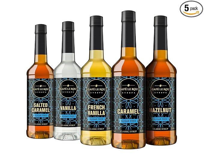 Café Le Rou Coffee Syrup Sugar Free Variety 25.4oz Vanilla, French Vanilla, Caramel, Salted Caramel, Hazelnut - (Sugar Free Variety, 5-Pack) Flavoring Syrup for Coffee, Tea & Espresso Made in the USA