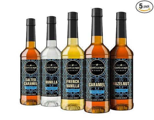 Café Le Rou Coffee Syrup Sugar Free Variety 25.4oz Vanilla, French Vanilla, Caramel, Salted Caramel, Hazelnut - (Sugar Free Variety, 5-Pack) Flavoring Syrup for Coffee, Tea & Espresso Made in the USA