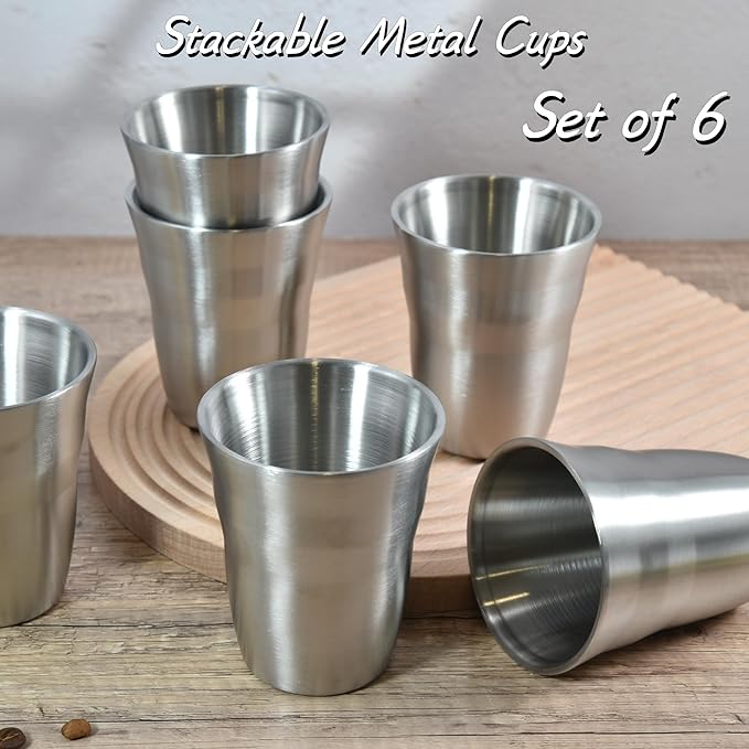 AGH 6 Pack Stainless Steel Cups for Kids, Metal Cups 9 oz Double Layer Insulated Pint Cup, Camping Tumbler Reusable Stackable Cup for Party Outdoor (Matte Silver)