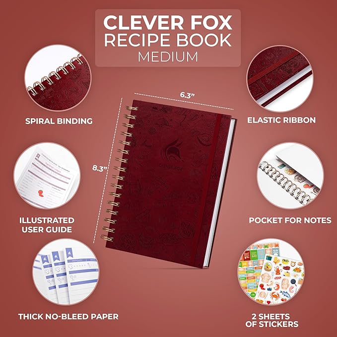 Clever Fox Recipe Book Spiral – Make Your Own Family Cookbook – Blank Recipe Notebook Organizer – Empty Cooking Journal to Write In Recipes – Medium Size, 6.3”x8.3”, Hardcover (Burgundy)