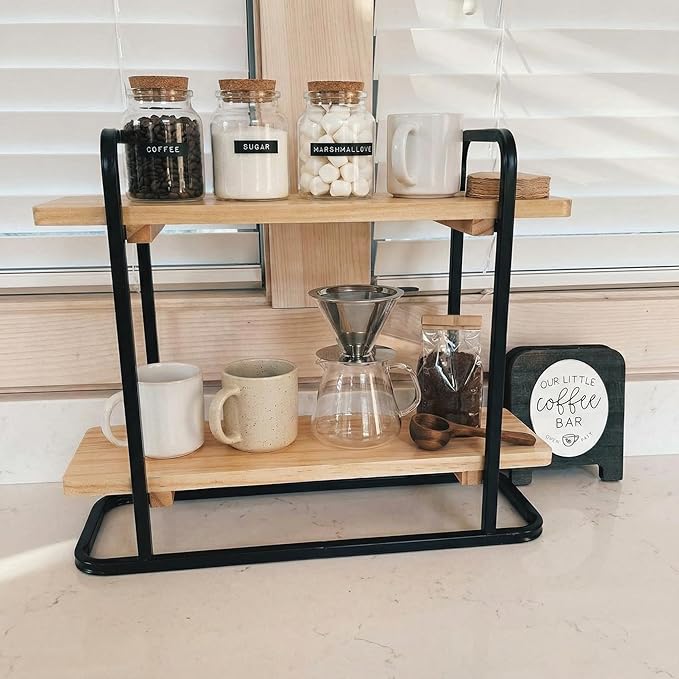 Bokon Coffee Station Organizer 2 Tier Wooden Serving Tray Charcuterie Board Stands Rectangle Coffee Bar Organizer Dessert Display Stand Tiered Cupcake Stand for Kitchen, Office, Home