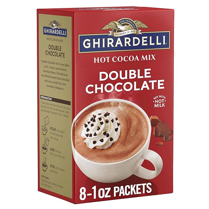 GHIRARDELLI Double Chocolate Hot Cocoa Mix, 8 Single-Serve Packets Rich and Decadent Hot Cocoa Made with Premium Chocolate