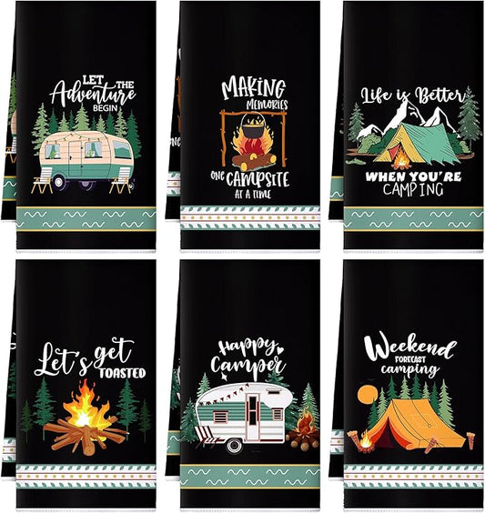 Boyiee 6 Pcs Camping Kitchen Towels Black Absorbent Dish Towels Bonfire Tent Car Tea Towels 24 x 16 Inches with Funny Sayings Novelty Gifts for Campers Happy Camper Camping Accessories for RV Campers