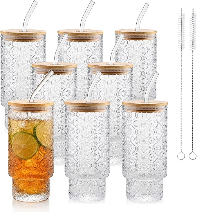 Vintage Glass Cups With Bamboo Lids And Straws 16 Oz,Vintage Tumbler Embossed Floral Glass Cups Set For Whiskey Cocktail, Beer, Iced Coffee Cups, 8pack