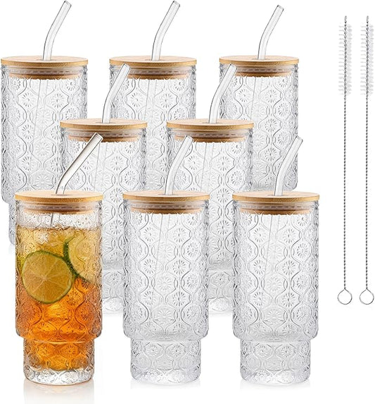 Vintage Glass Cups With Bamboo Lids And Straws 16 Oz,Vintage Tumbler Embossed Floral Glass Cups Set For Whiskey Cocktail, Beer, Iced Coffee Cups, 8pack