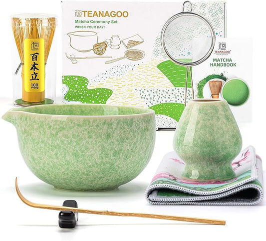 TEANAGOO Matcha Whisk Set,7 Pcs Matcha Set Green,Ceremony Matcha Kit,Matcha Tea Set for Making Latte,Ceramic Bowl(chawan) whith Spout and Whisk,Gift for Matcha Lovers