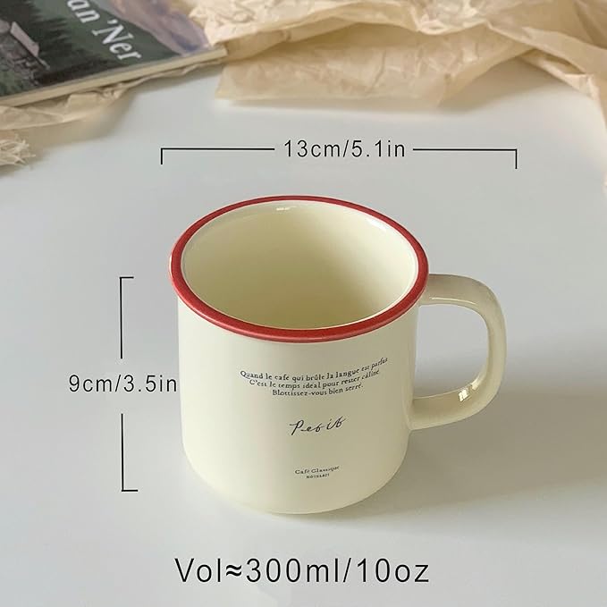 10 oz Retro Enamel-Style Coffee Mug, Minimalist Colorful Rim Ceramic Cups With Text Deign & Colorful Rims (White)