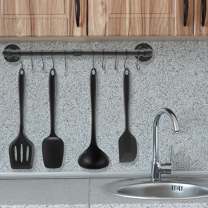 Wall-mounted Kitchen Pot Pan Rack with Hooks Industrial Hanging Utensil Holder Sturdy Space-saving Wall Rail Organizer for Cookware and Pots Easy to Install and Wear-resistant