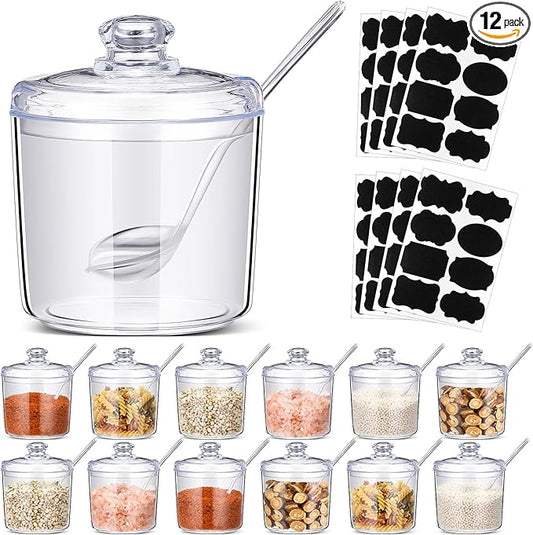 Tioncy 12 Pcs Hot Cocoa Bar Supplies Sugar Bowls with Lid and Spoon Party Bar Ice Cream Sundae Caramel Apple Dipping Container Christmas Acrylic Candy Dispenser with Tag (13 oz,Clear)