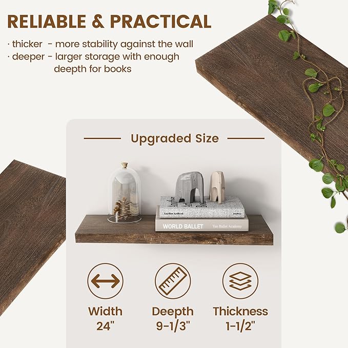 Reclaimed Elm Wood Floating Shelves for Wall, Live Edge 24"W x 9.2"D x 1.4"H, Set of 2 with Invisible Bracket, Wall Mounted Shelves for Living Room Bedroom Kitchen Bathroom Decor, Walnut Finish