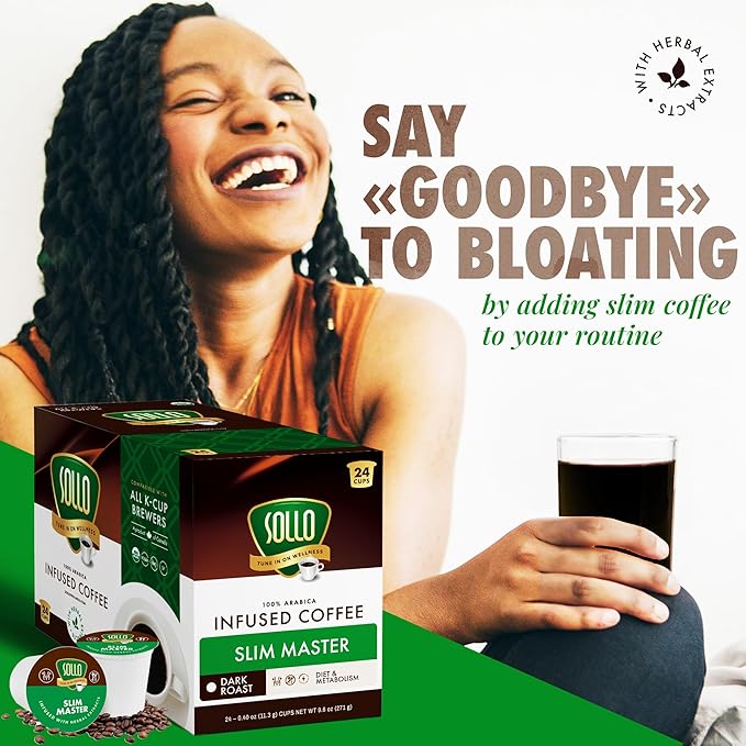 Sollo Slim Organic Coffee Pods, Diet Support, Weight Loss with Garcinia, Green Coffee Bean, Bold Dark Roast, Single Serve Pod, Compatible with Keurig K-Cup Brewers, 24 Ct