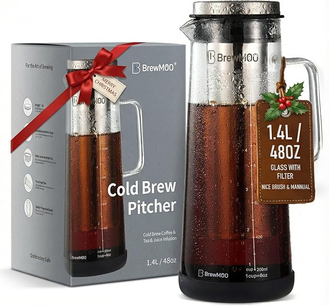 BrewMOO- Airtight Cold Brew Coffee Maker Pitcher, 1.4L/48Oz Thick Glass Carafe with Filter, Comfort Sturdy Handle & Wide Spout, Non-Slip Base | Iced Tea Maker (Black)