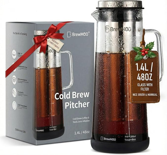 BrewMOO- Airtight Cold Brew Coffee Maker Pitcher, 1.4L/48Oz Thick Glass Carafe with Filter, Comfort Sturdy Handle & Wide Spout, Non-Slip Base | Iced Tea Maker (Black)