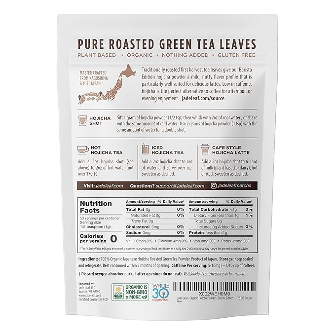 Jade Leaf Matcha Organic Japanese Hojicha Powder, Roasted Matcha Green Tea Powder - Barista Edition - Authentic Japanese Origin (1.76 Ounce Pouch)