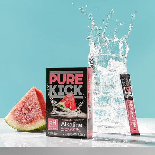 Pure Kick Alkaline pH 8.5 or Higher Watermelon Powdered Drink Mix Packets, Unsweetened with a Hint of Flavor -, 72 Total Packets (12 Boxes, 6 Each), Singles to Go!
