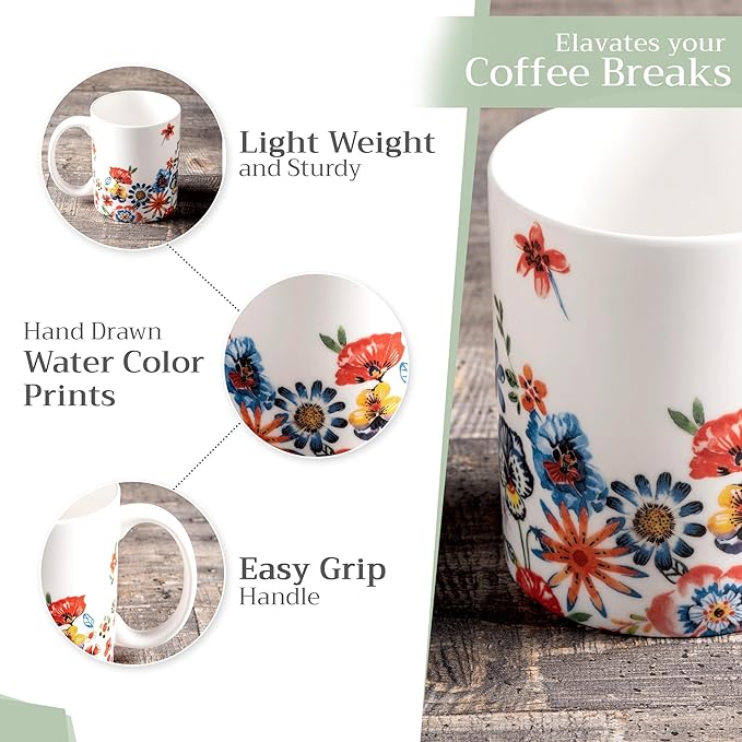 Maison d' Hermine Coffee Mug with Handles Fine Bone China Mugs Pack of Two Tea Cups for Hot Beverages Cappuccino Latte Home Restaurant Office Perfect for Gift (Happy Florals - High Summer, 12 Ounce)