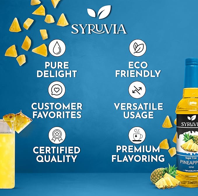 Syruvia Sugar-Free Pineapple Syrup, Flavored Syrup for Drinks, Cocktails, Lemonades, Iced Teas, and Desserts – 25.4 fl oz, With Pump