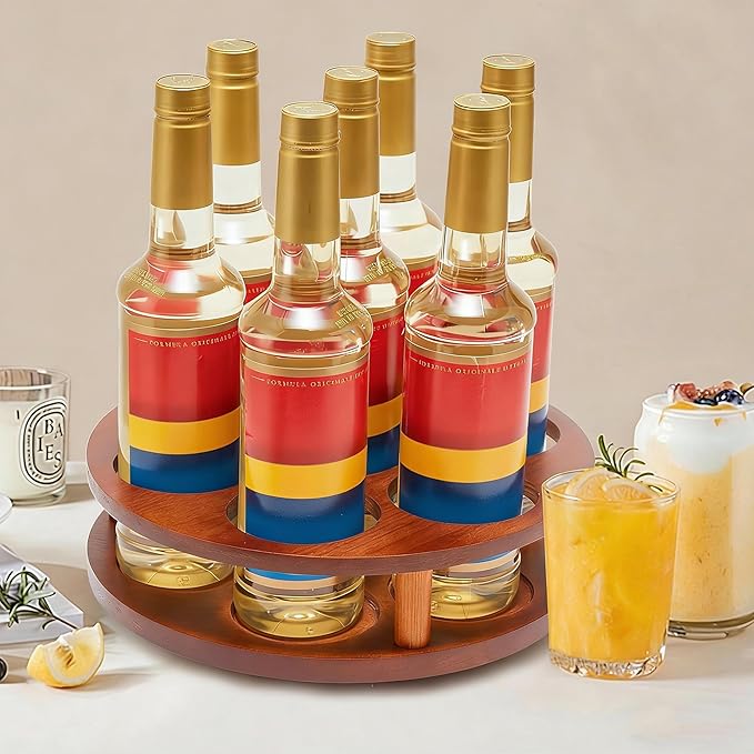 Wood Rotating Coffee Syrup Organizer, 7 Bottles Coffee Syrup Rack, Coffee Station Organizer with Large Base and Anti-Slip Pads