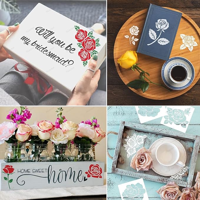 Rose Flower Cake Stencils Kit Reusable Floral Cookie Coffee Stencil Drawing Template for Valentines Day Dessert Buttercream Painting DIY Crafts Decor (25 Pcs)