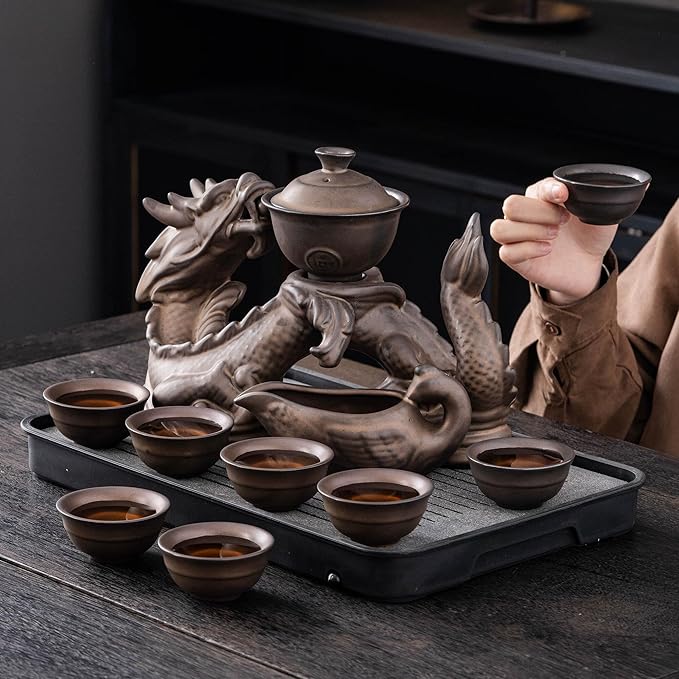 Dragon Tea Sets with Infuser Semi Automatic Tea Set Magic Teapot with 8 cups (Antique Brass Dragon- A)