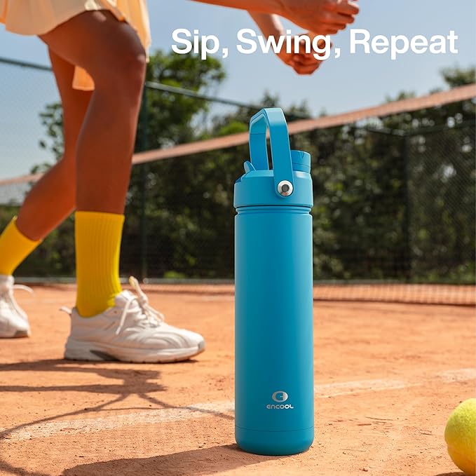 ENCOOL Insulated Water Bottle with Straw Stainless Steel Water Bottle, Leak-Proof, BPA-Free, Double Wall Vacuum Keeps Cold for 24 Hours for Sports, Travel, School (32 oz, Azure Blue)