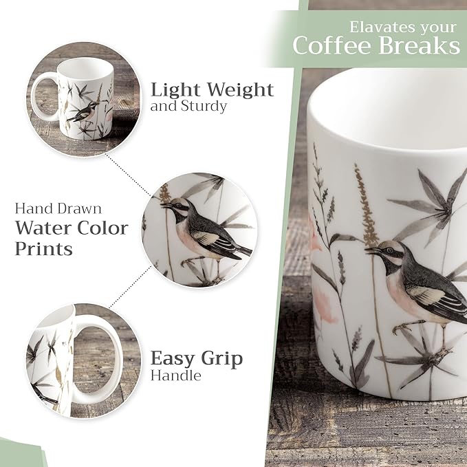 Maison d' Hermine Coffee Mug with Handles Fine Bone China Mugs Pack of Two Tea Cups for Hot Beverages Cappuccino Latte Home Restaurant Office Perfect for Gift (Meadow Florals - Brown, 12 Ounce)