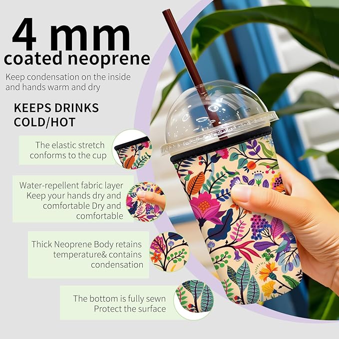 Reusable Neoprene Insulator Sleeve for Iced Coffee Cups, Medium 22-28oz Durable Drink Sleeve for Cold Beverages, Cute Beverage Holder Cup Sleeve for Women Men Boho Pink Floral