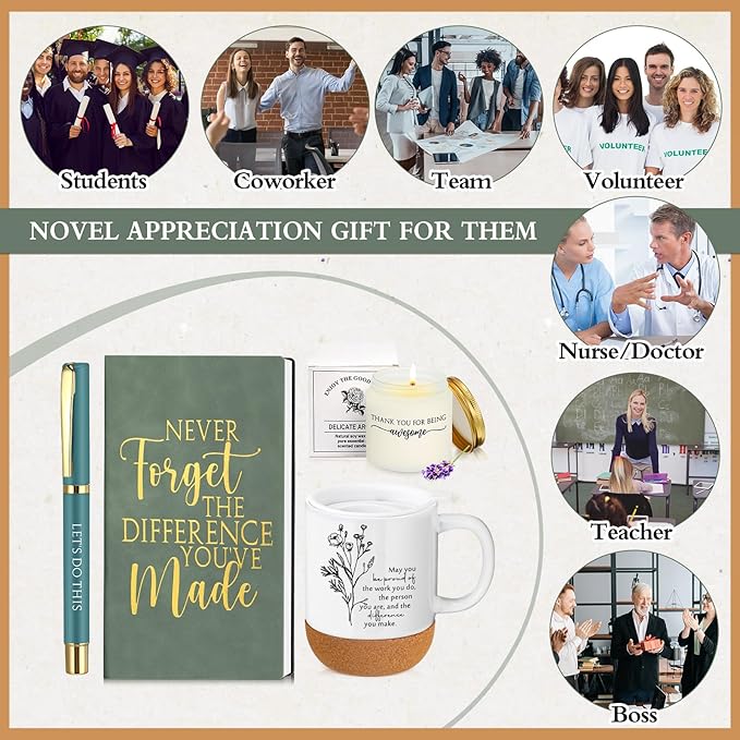 4 Pcs Thank You Gift Set for Men Women Employee Coworker Inspirational Appreciation Gifts Notebook Coffee Mug Scented Candle Pen for Valentine's Day Team Office Staff Teacher Nurse Volunteer