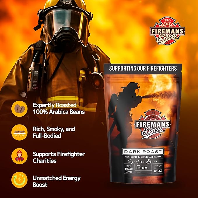 Firemans Brew Dark Roast Coffee – Bold & Robust Ground Coffee – 100% Arabica Beans, Rich, Full-Bodied Flavor – Freshly Roasted Gourmet Coffee – Low Acid, Small Batch Coffee – Supports Firefighter Causes