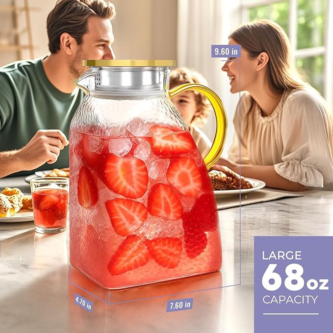 2 Pack Glass Pitcher With Handle And Lid, Large 2 Liter Glass Water Pitcher For Fridge, 68oz glass Tea pitcher Hot And Cold Iced Juice Coffee Milk, Jug Carafe For Beverages Drink