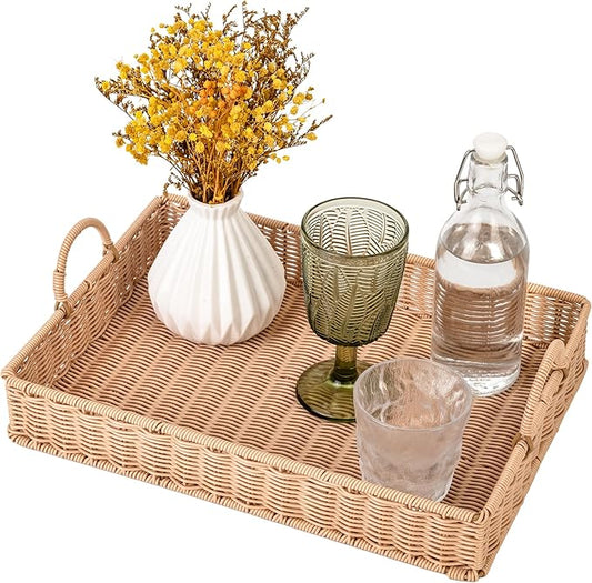 GRANNY SAYS Rectangle Serving Tray, Coffee Table Tray, Wicker Serving Trays with Handles, Decorative Tray for Coffee Table, Woven Tray for Living Room, 15 ¾"×11 ½"×2 ¼"