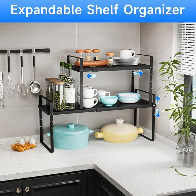 KIKIBRO Expandable Cabinet Shelf Organizer, Stackable Kitchen Pantry Counter Storage, Adjustable Closet Cupboard Stand Rack Risers Spice Organization, 80LBS Heavy Duty, Black 3 Pack
