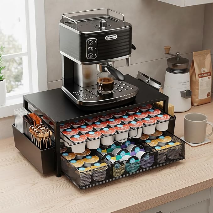 K Cup Holder Organizer, 2-Tier Coffee Pod Holder for 63 Large/80 Small Capsules with Storage Drawer & 2 Accessory Holders, Kcup Organizer for Countertop Coffee Station in Kitchen, Office, Coffee Bar