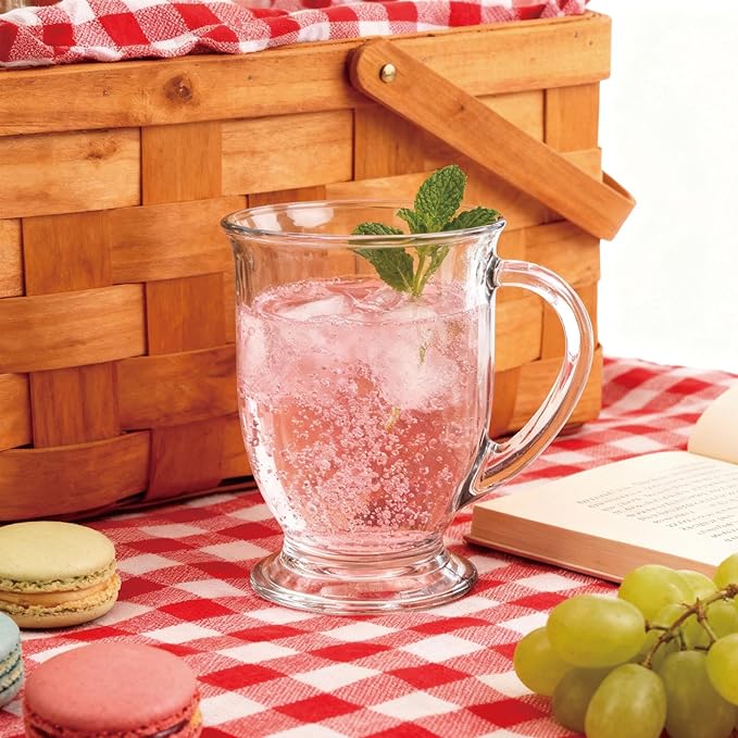 Clear Glass Coffee Mugs Set of 6, Featuring easy-grip handles for secure holding, perfect for hot beverages like coffee, tea, cappuccino, latte, espresso, and cold drinks such as juice.