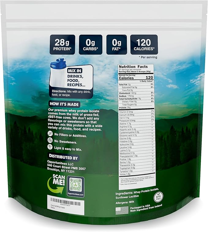 Opportuniteas Grass Fed Whey Isolate Protein Powder – Unflavored, Heavy-Metal Tested, 28g Protein, Sourced from Ireland, Hormone-Free, Non-GMO, Packaged in USA – 2.5lb