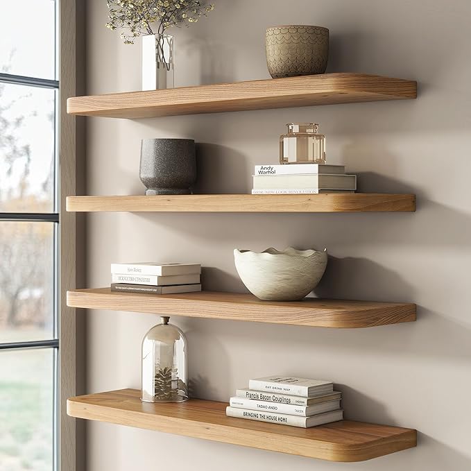 Reclaimed Elm Wood Floating Shelves for Wall Round Edge, 24"W x 9.2"D x 1.37"H, Set of 2 with Invisible Bracket, Wall Mounted Shelves for Living Room Bedroom Kitchen Bathroom Decor, Natural Finish