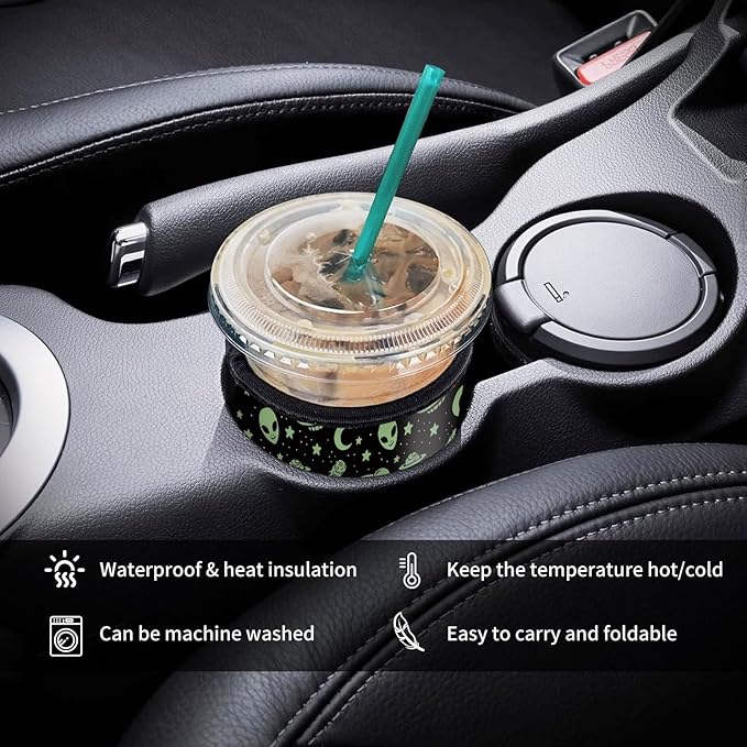 3 Pack Reusable Neoprene Insulator Sleeve for Iced Coffee Cups, Funny Coffee Cup Sleeves for 16-32oz Coffee cups, Cute Drink Sleeve for Cold Hot Beverages Cute Green Alien
